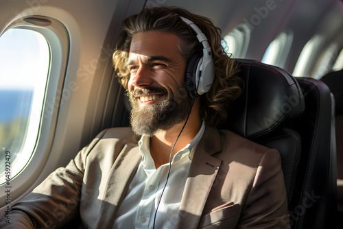 A joyful man wearing headphones sits comfortably in an airplane seat, gazing out of the cabin window with a smile, enjoying the view during his flight