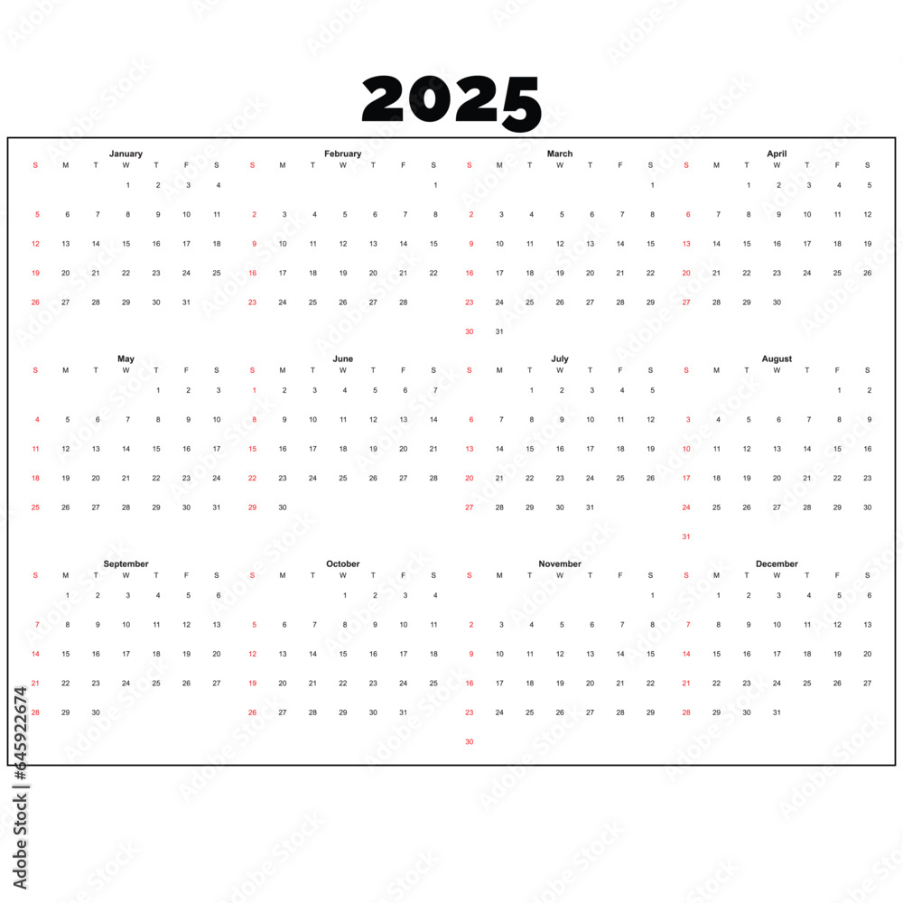 Calendar 2025 template vector, simple minimal design, Planner 2025 year