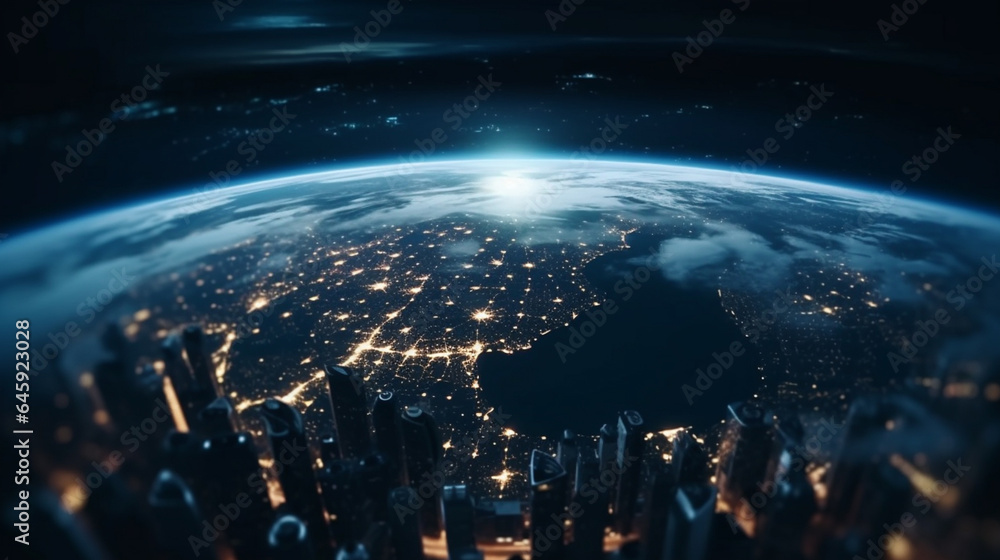 Night view of the planet Earth from space. 3D Rendering generative ai
