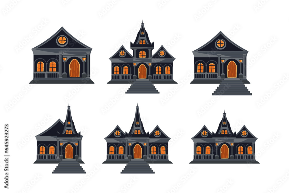 Halloween castle icons set. A collection of cartoon gloomy houses with a lantern at the entrance with windows and steps. An isolated building of a dark color. Vector illustration. Halloween castle icons set. A collection of cartoon gloomy houses with a lantern at the entrance with windows and steps. An isolated building of a dark color. Vector illustration.