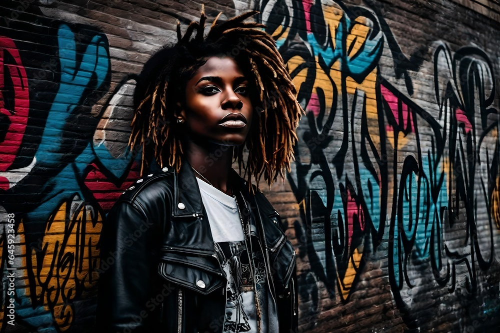 An attractive punk black young lesbian woman standing against a wall of graffiti 