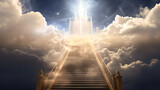 Celestial stairway leading up to heavenly sky toward the light. Staircase in clouds with glowing doorway to heaven. Concept of enlightenment and spirituality.