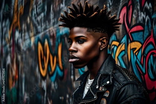 An attractive punk black young lesbian woman standing against a wall of graffiti 