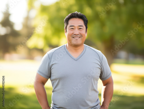 Slightly Overweight Asian Man in a Relaxed Park Setting, Finding Comfort in the Outdoors
