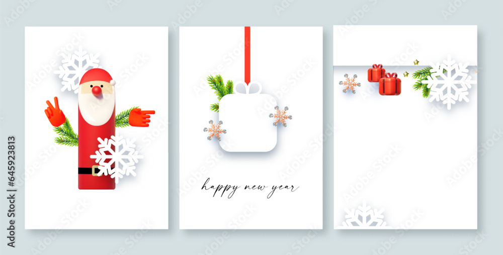 Merry Christmas and Happy New Year flyer template set. 3D and paper design. Season winter offer.