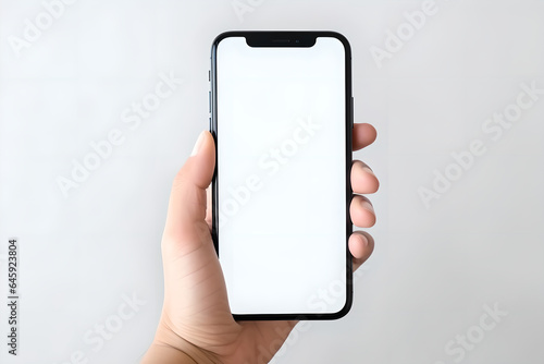 Close up hand holding holding black mobile phone with blank white screen on white background, for marketing or advertisement and design concept