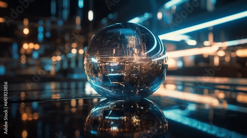 Crystal ball on the table in front of city view 3D rendering generative ai