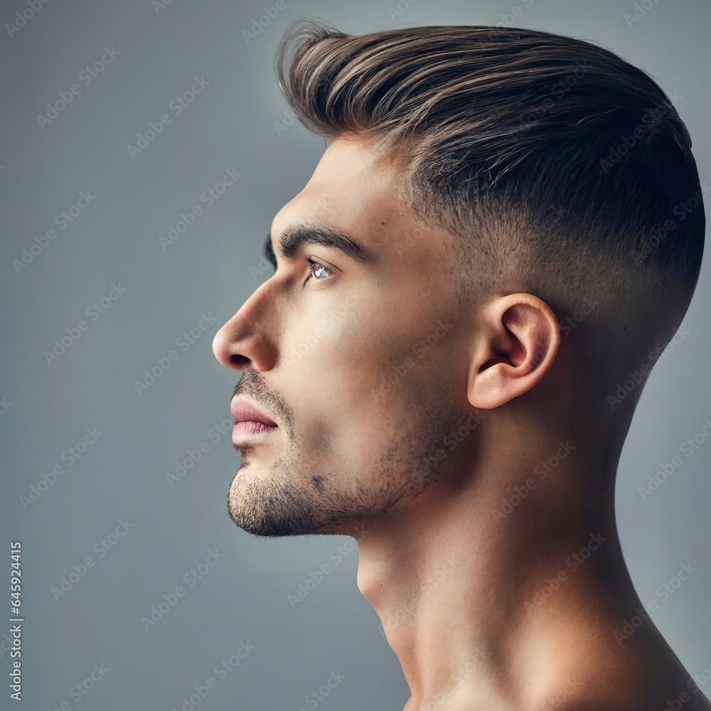 Close-up profile portrait of young man isolated on grey studio Close-up profile portrait of young man isolated on grey studio