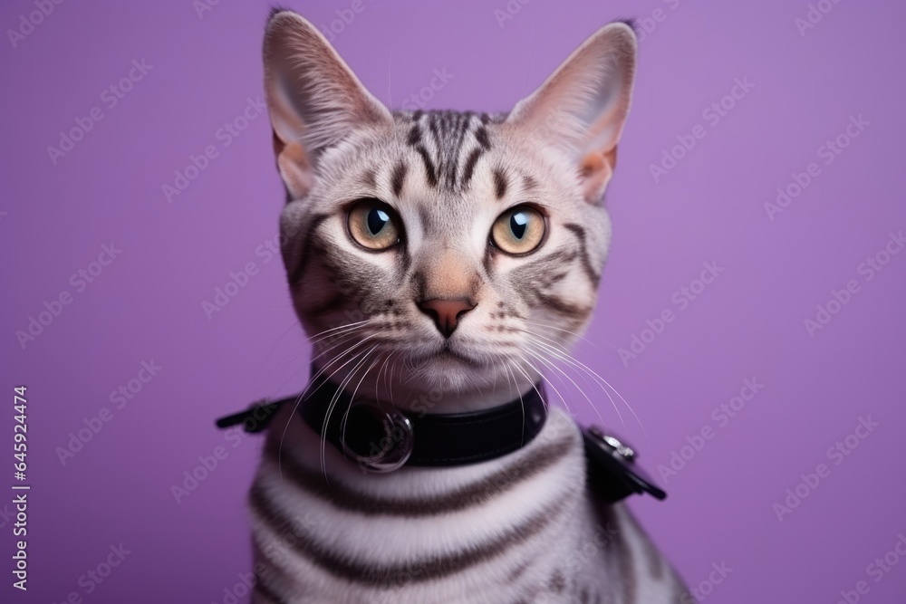 Bengal Cat Dressed As A Policeman On Lavender Color Background . Сoncept Bengal Cats, Pet Costumes, Cats In Pop Culture, Lavender Color Schemes