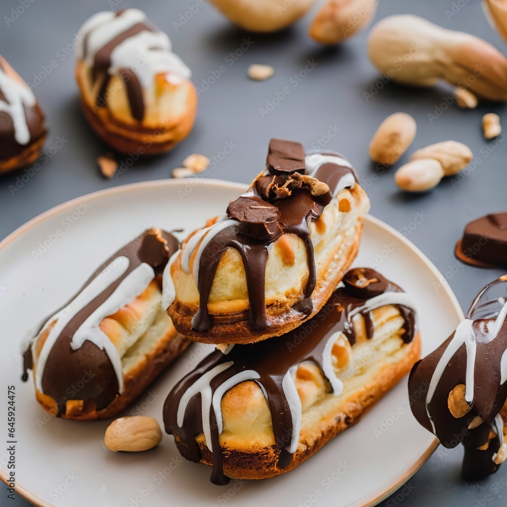 Decorating delicious homemade eclairs with chocolate and peanuts Decorating delicious homemade eclairs with chocolate and peanuts