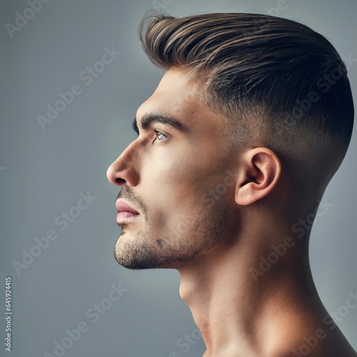 Close-up profile portrait of young man isolated on grey studio