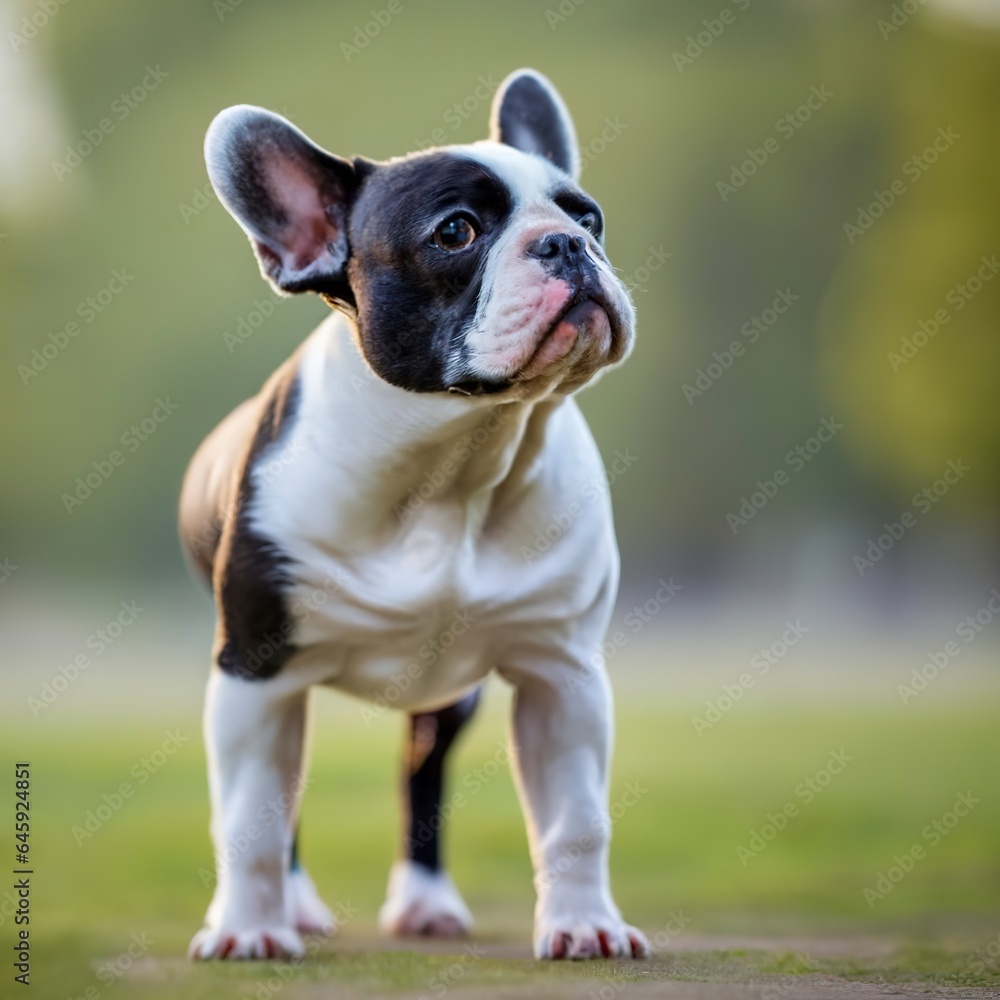 Fototapeta premium Listening to you. french bulldog young dog is posing. cute playful white-black doggy or pet is playing and looking happy