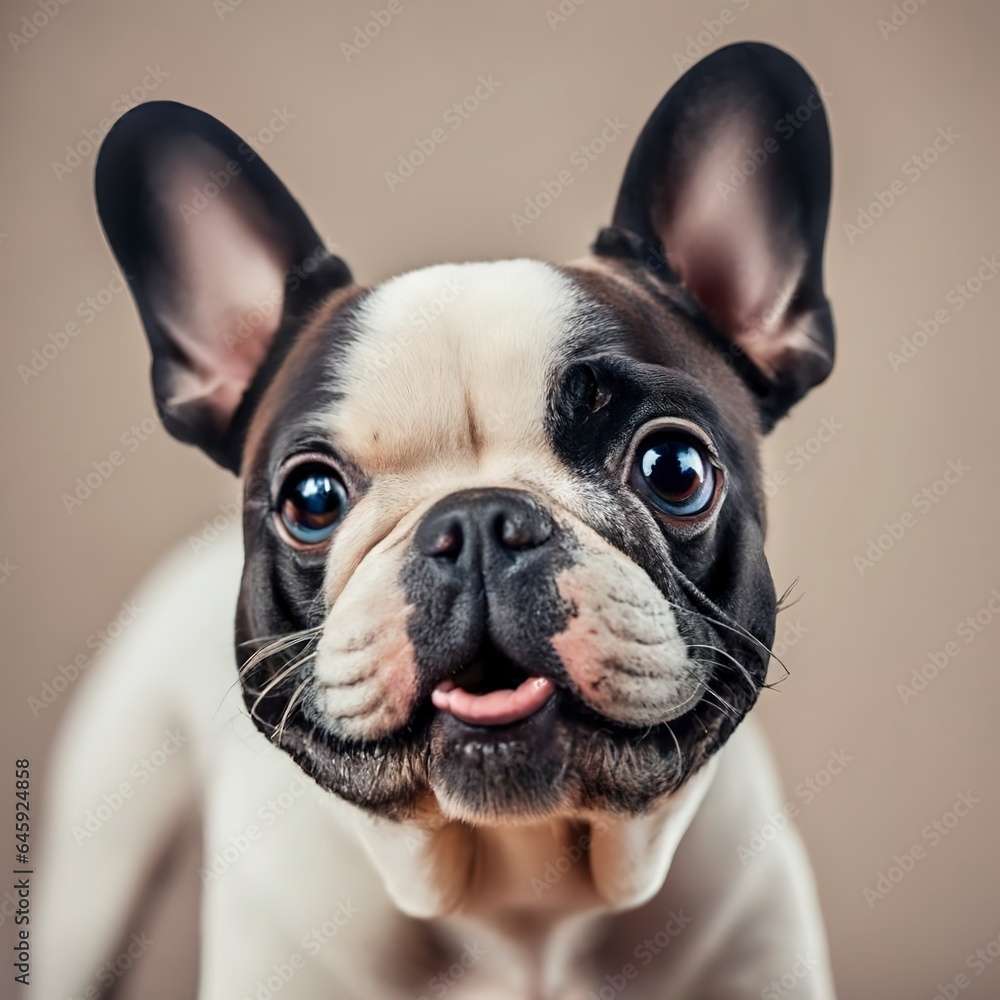 Listening to you. french bulldog young dog is posing. cute playful white-black doggy or pet is playing and looking happy