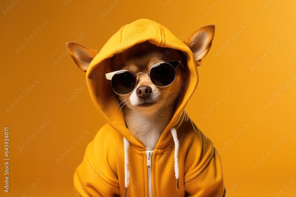 Chihuahua Dog Dressed As A Rapper On . Сoncept Chihuahua Dog Fashion, Dog Hip Hop Scene, Who Puts Dogs In Clothes, Rapper Inspired Dog Apparel - obrazy, fototapety, plakaty 