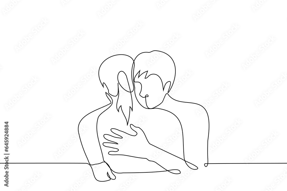 man and woman hugging - one line art vector. concept of skinship,  siblings, friends or heterosexual lovers - obrazy, fototapety, plakaty 