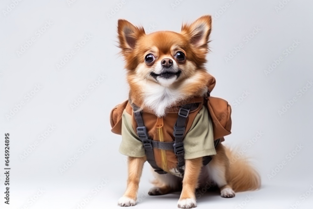 Chihuahua Dog Dressed As A Tourist White Background . Сoncept Dressing Up Your Chihuahua, Travelthemed Pet Pug Outfit, Chihuahua Fashion Trends, Doggie Tourists And Their Owners