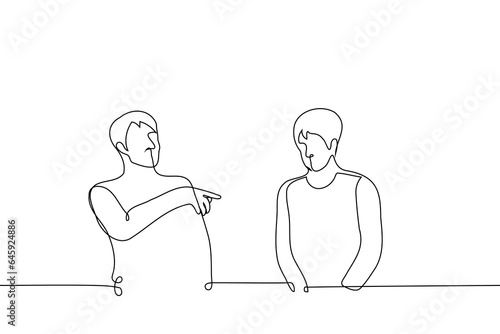 man points his finger at a shy man standing next to him - one line art vector. concept to embarrass, blame, draw attention to a shy person