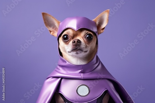 Chihuahua Dog Dressed As A Superhero On Lavender Color Background . Сoncept Chihuahua Dogs, Superhero Costumes, Lavender Color, Creative Ideas photo