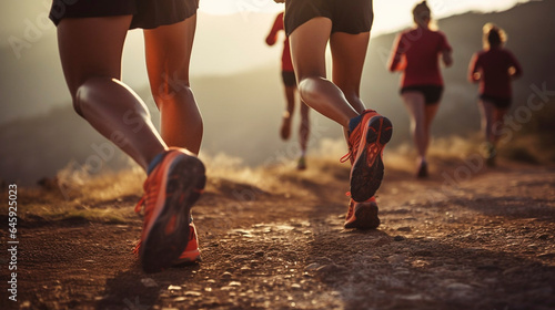 close up legs runner group running on mountain trail. Sports activities in group. Friend running on a mountain track. Detailed view. Sports activity to keep good shape.