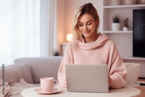 Cozy Home Working From Home In Soft Pajamas.   oncept Working From Home Comfortably  Decorating Your Home Office  Projects To Complete While Working  Staying Motivated While Wearing Pajamas
