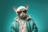 Devon Rex Cat Dressed As A Rapper On Mint Color Background
