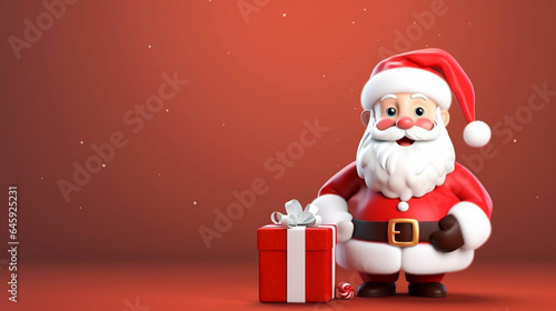 copy space, Christmas Santa Claus with bag of gifts box. Realistic 3d cartoon character. Happy New Year and Merry Christmas. Holiday card, red banner, web poster.