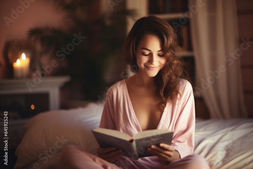 Domestic Bliss Reading A Book In Soft Pajamas. Сoncept Minimizing Distractions, Home Comfort Rituals, Relaxation Through Reading, Feeling Stylish In Pajamas
