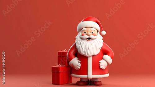 copy space, Christmas Santa Claus with bag of gifts box. Realistic 3d cartoon character. Happy New Year and Merry Christmas. Holiday card, red banner, web poster. © Dirk