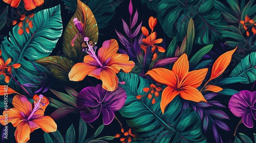 Seamless pattern with tropical leaves and hibiscus flowers generative ai