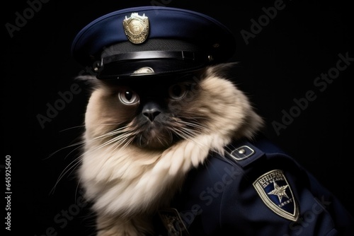 Himalayan Cat Dressed As A Police Officer On Black Background. Сoncept Policethemed Costume For Himalayan Cat, Himalayan Cat Breeds, Black Backgrounds For Cat Photography, Dressing Up Pets photo