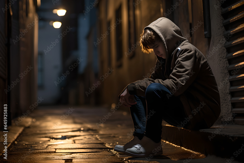 Sad teenager sitting in an alleyway all alone at night. Depressed helpless man sitting in the dark alleyway, feeling sadness and pain Sad teenager sitting in an alleyway all alone at night. Depressed helpless man sitting in the dark alleyway, feeling sadness and pain