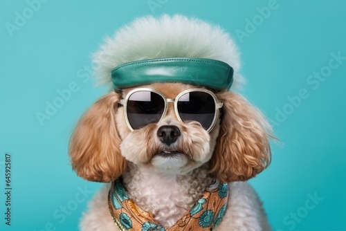 Poodle Dog Dressed As A Tourist Mint Color Background. Сoncept Poodle Dog Style, Tourist Outfit, Mint Color Backgrounds, Fun Costumes © Ян Заболотний