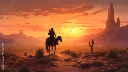 Cowboy riding a horse in desert at sunset, 3d illustration generative ai © Graphicsstudio 5