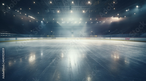 Ice hockey arena with lights and ice skates. 3d rendering generative ai