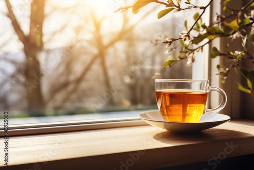 Relaxation At Home Sipping Hot Tea By A Sunny Window . Сoncept Athome Relaxation Tips, Teas For Relaxation, Benefits Of Sunlight Exposure, Joy Of Sipping Hot Tea