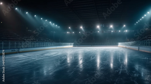 Ice hockey arena with lights and ice skates. 3d rendering generative ai © Graphicsstudio 5