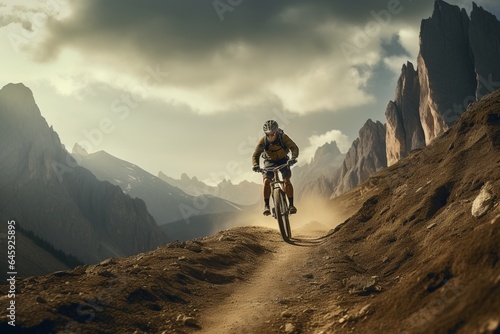 The athletic man pedals an MTB E-bike up a steep grassy hill. Beautiful view of the mountains at sunrise/sunset with sun flare. Alone in nature, thinking about life.