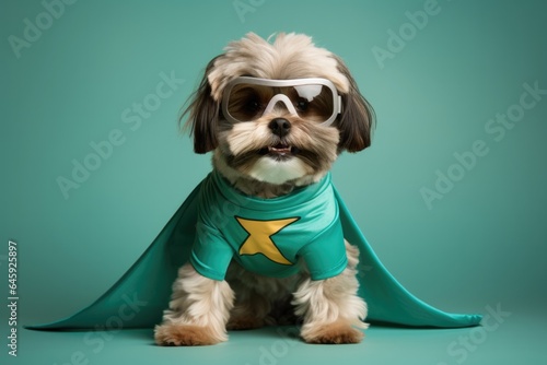 Shih Tzu Dog Dressed As A Superhero On Mint Color Background . Сoncept Shih Tzu Costumes, Mint Color, Superhero Dogs, Pet Photography photo