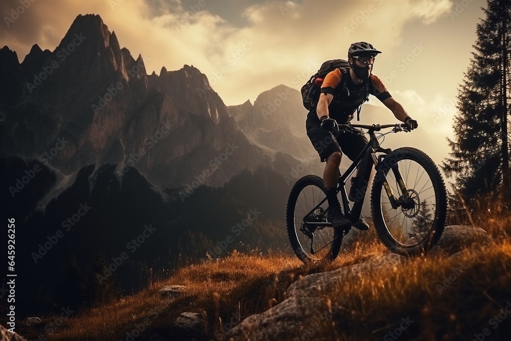 The athletic man pedals an MTB E-bike up a steep grassy hill. Beautiful view of the mountains at sunrise/sunset with sun flare. Alone in nature, thinking about life. The athletic man pedals an MTB E-bike up a steep grassy hill. Beautiful view of the mountains at sunrise/sunset with sun flare. Alone in nature, thinking about life.