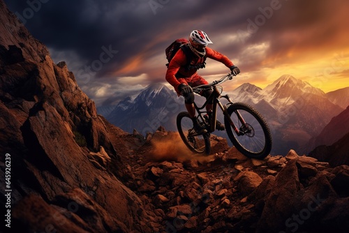 The athletic man pedals an MTB E-bike up a steep grassy hill. Beautiful view of the mountains at sunrise sunset with sun flare. Alone in nature  thinking about life.