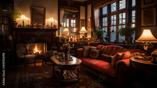 photo of a cozy luxury living room, victorian style, well lit, with fireplace © نيلو ڤر