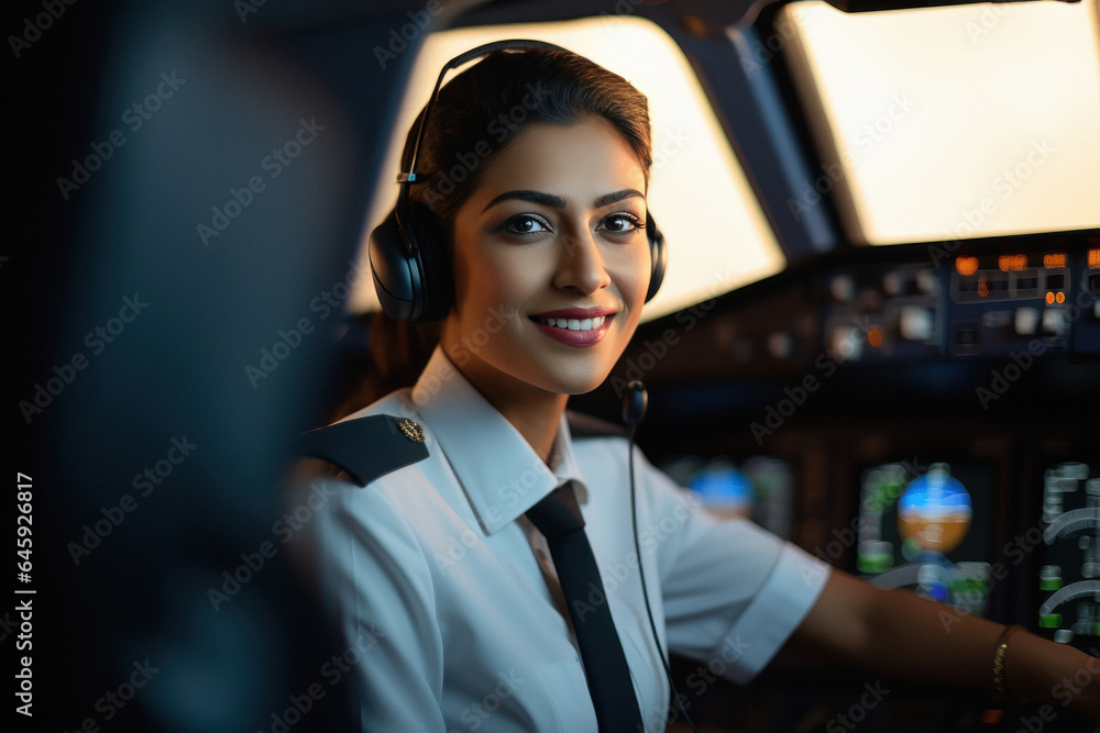 Obraz premium Female pilot sitting at airplane cockpit