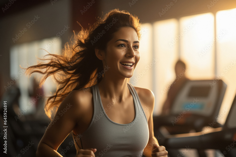 beautiful muscular woman running on treadmill. beautiful muscular woman running on treadmill.