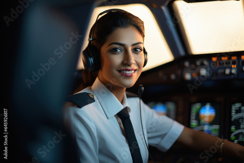 Female pilot sitting at airplane cockpit