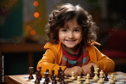 Cute little girl child playing chess.