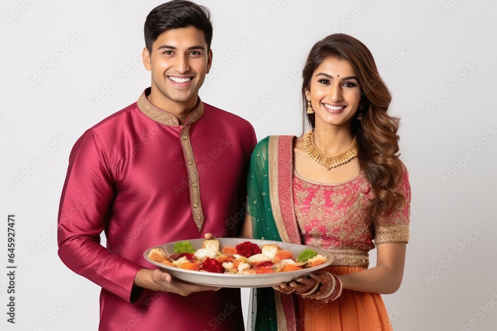 Indian couple in ethnic wear and holding plate in hand Indian couple in ethnic wear and holding plate in hand