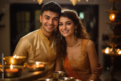 Young indian couple in traditional wear and celebrating diwali festival.