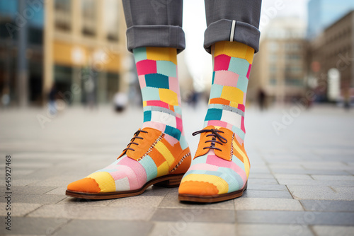 Odd socks day, anti-bullying concept. Funny colored stylish men\'s socks on feet outdoors, close-up