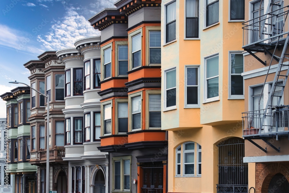 Naklejka premium San Francisco Palette: Colorful Apartments Against Blue Cloudy Sky