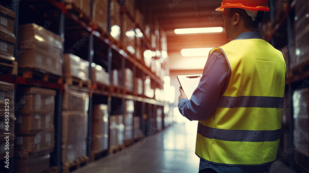 Warehouse worker and manager checks stock and inventory with using digital tablet computer in the retail warehouse full of shelves with goods. Working in logistics, Distribution center. Warehouse worker and manager checks stock and inventory with using digital tablet computer in the retail warehouse full of shelves with goods. Working in logistics, Distribution center.